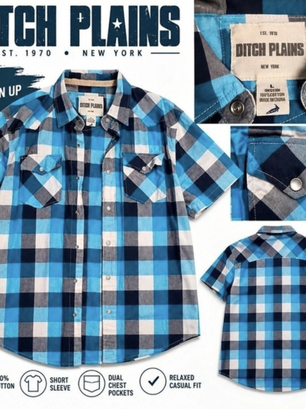 Ditch Plains Men's Plaid Short Sleeve Shirt in Blue & Black